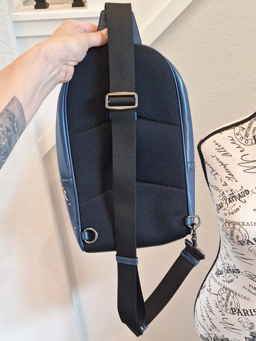 Coach West Backpack With Baseball Print Navy Blue Pebbled Leather Classic